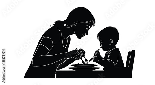 a tender moment captured mother and child sharing a meal at a table depicted in a striking black and white silhouette