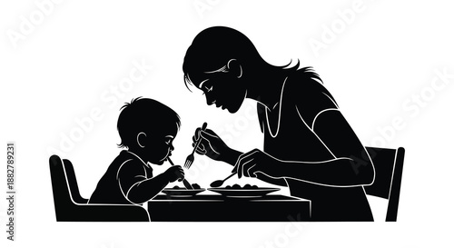a black and white illustration depicts a mother and child seated at a table enjoying a meal together showcasing a familial bond silhouette
