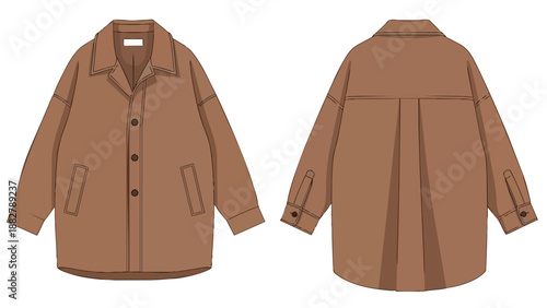 Versatile oversized tan overshirt flat lay. Contemporary casual collared button-front jacket with front pockets and back pleats, a relaxed garment
