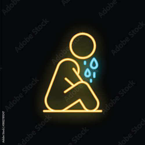 Neon icon of a stylized person crying, conveying feelings of sadness and despair