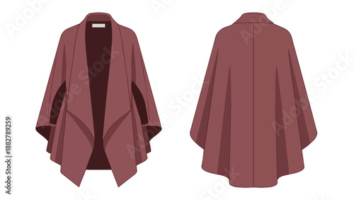 Elegant women's draped open-front poncho fashion illustration featuring a sophisticated maroon shawl-style outerwear piece perfect for modern design