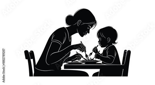 a black and white illustration depicts a mother and child sharing a meal at a table showcasing a tender family moment silhouette