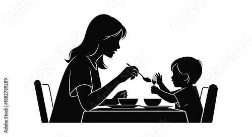 a black and white illustration depicting a mother feeding her child at a table showcasing a tender moment in silhouette