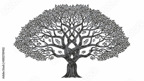 Intricate black and white drawing of a majestic tree of life with interwoven branches and a twisted trunk, full of detailed leaves.