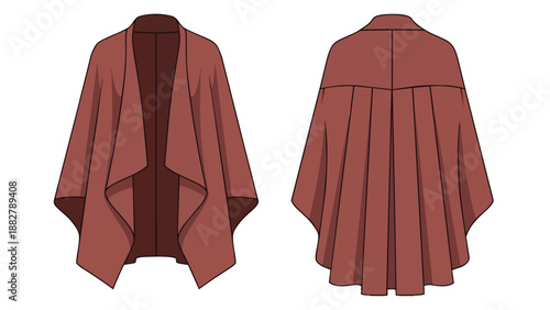 Technical fashion flat sketch illustrating a contemporary draped open front shawl cardigan design with pleated back detail