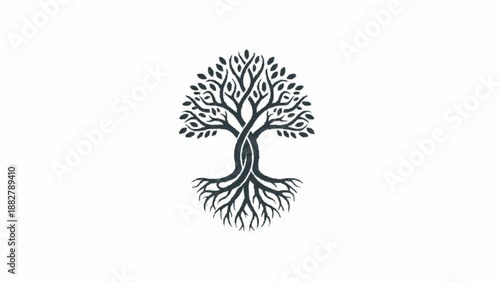Stylized black and white logo of the tree of life, featuring an interwoven trunk and a balanced design of leaves and roots.