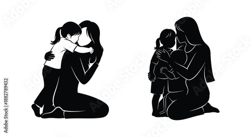 a tender illustration depicts two mothers embracing their children showcasing familial love and connection in a heartwarming scene silhouette high quality
