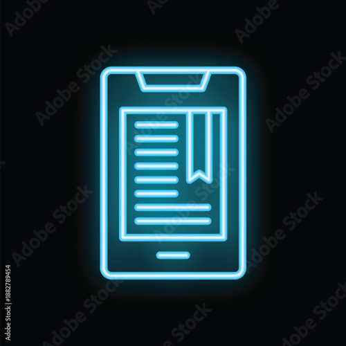 Blue neon icon of a tablet displaying an open e book with bookmark on a black background