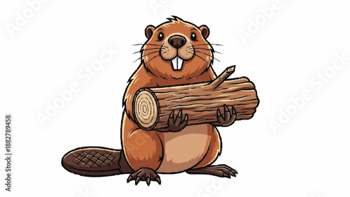 Happy and friendly cartoon beaver with buck teeth and a flat tail, standing and holding a wooden log, isolated on a white background.