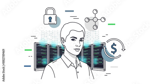 A man standing in front of server racks with icons representing data security, networking, and financial aspects of technology.