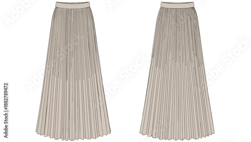 Sophisticated long pleated skirt fashion technical flat drawing, a contemporary garment blueprint ideal for women's apparel design, illustrating