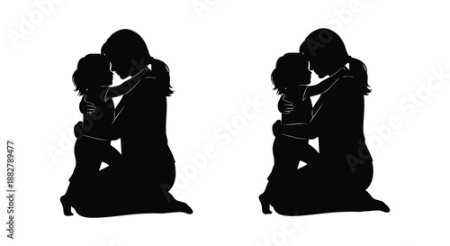 a tender moment depicted with a mother and child embracing in a loving pose shown as a striking black silhouette