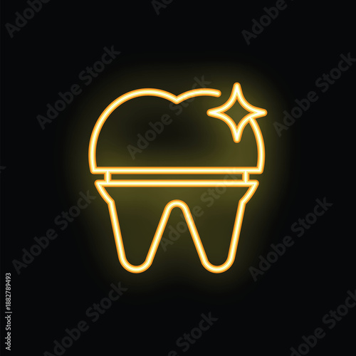 Bright yellow neon icon of a tooth with a dental crown is shining brightly, representing dental care and oral hygiene