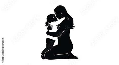 a tender moment depicted in a black and white illustration showcasing a mother embracing her child a loving and intimate scene silhouette