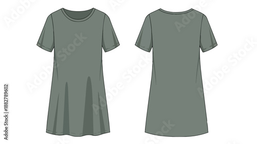 Minimalist short-sleeve shift dress technical flat sketch displaying front and rear views of the versatile gray garment ideal for fashion projects
