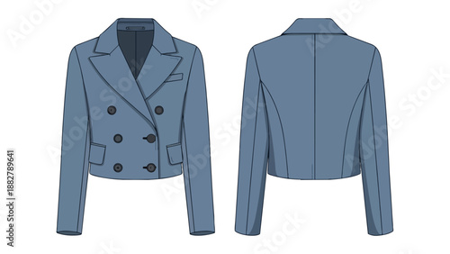 Stylish cropped double-breasted blazer fashion flat technical sketch in blue hue