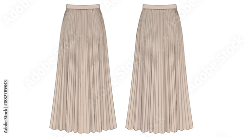 Elegant pleated maxi skirt technical flat drawing in soft neutral tones for apparel design