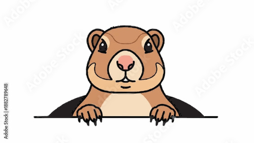 Cute cartoon groundhog or gopher peeking out of a hole in the ground with a curious and friendly expression on a white background.