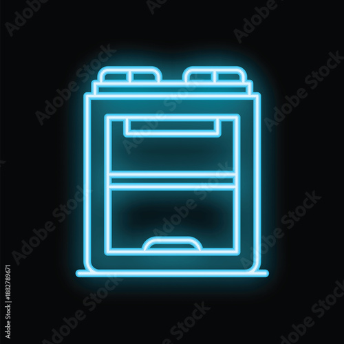 Bright blue neon icon of a multifunction printer glowing on a dark background, representing modern office equipment and technology