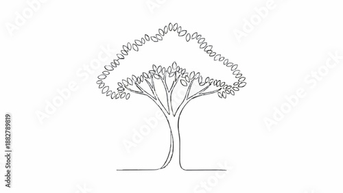 Minimalist continuous line drawing of a tree, where the canopy is formed by a single line of leaves, on a clean white background.