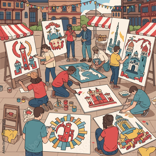 Art workshop outdoors: people painting buildings and castles