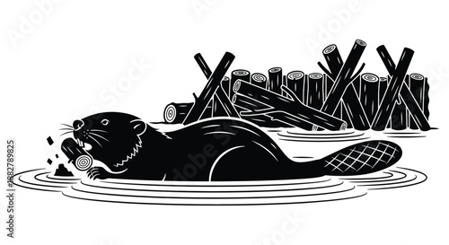 a detailed illustration depicts a beaver swimming in water chewing on a piece of wood presented as a striking black silhouette