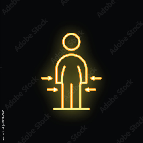 Yellow neon sign representing an overweight person, with arrows pointing towards body parts, symbolizing weight gain or health issues
