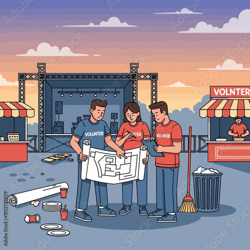 Volunteers planning outdoor event stage setup and logistics