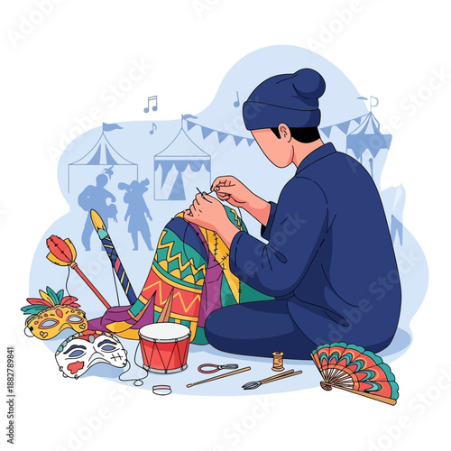 Artisan crafting colorful carnival mask and costume elements