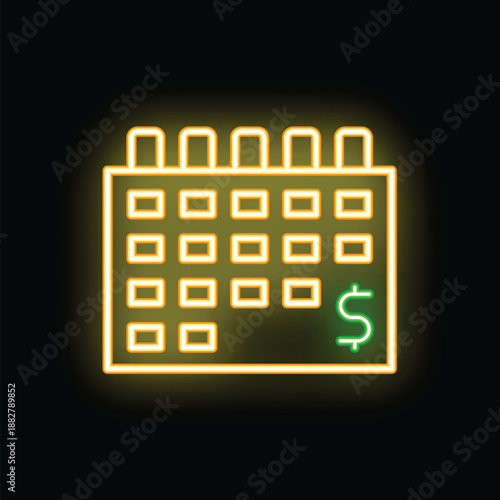 Glowing neon yellow calendar showing payday with green dollar sign on black background