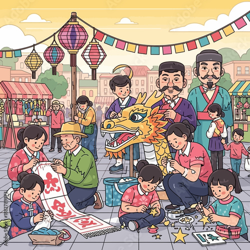 Asian community crafting dragon head for festival celebration in town square