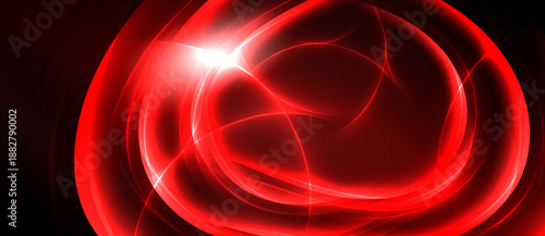 Bright red abstract swirls, dynamic energy radiating from central light source. Dark background emphasizes vibrant curves, creating intense visual impact.