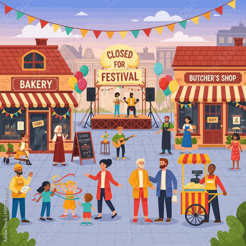 Community festival with live music, food stalls, and people enjoying outdoor celebration