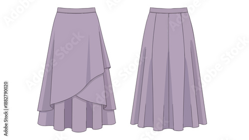 Elegant Lavender Skirt Design Front and Back Views technical drawing showcasing a gracefully flowing silhouette with wrap details perfect for