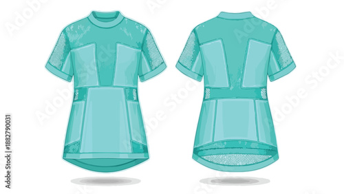 Contemporary teal tunic with intricate paneling and mesh detail, showcasing modern apparel design from both perspectives.
