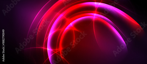 Abstract vibrant energy flows. Red, purple hues dominate dark background. Circular shapes create dynamic visual impact.