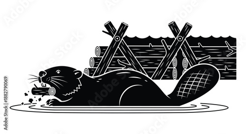 a detailed depiction of a beaver near stacked logs seemingly working on wood presented as a striking silhouette high quality professional