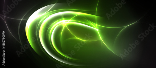 Abstract swirls, vibrant green glows dominate dark background. Smooth curves create dynamic energy, futuristic feel. Light radiates, captivating design.
