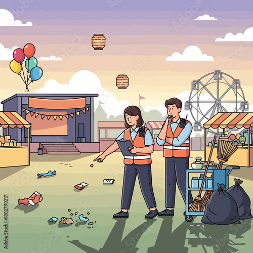 Event staff cleaning up litter at an outdoor fairground with Ferris wheel and stalls
