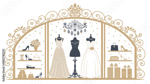 Elegant wedding trousseau presentation with dresses shoes and accessories in gold and white hues silhouette vector illustration
