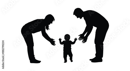 a stark black silhouette depicts a family scene featuring a mother father and a small child showcasing tenderness and connection