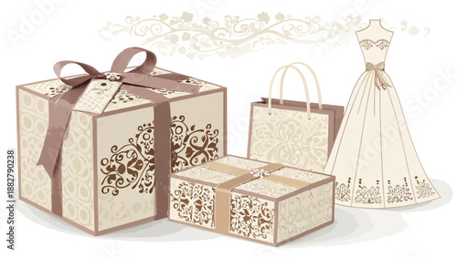 Elegant wedding trousseau gifts and dress silhouette with designer packaging