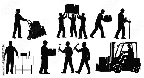 a monochrome illustration depicting various workers and equipment involved in logistics transport and handling of goods silhouette high quality professional detailed