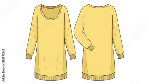 Casual mustard yellow long-sleeved tunic dress flat technical sketch, front and back views for fashion design