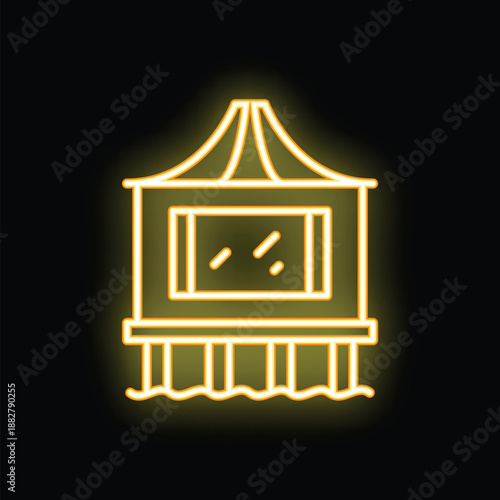 Minimal illustration featuring a bungalow on stilts over water, represented with a yellow neon effect on black background