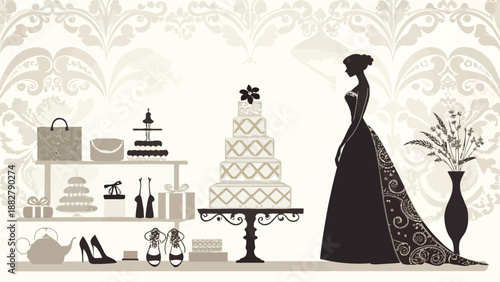 Wedding trousseau presentation with silhouette of elegant bride in dress cake gifts shoes and accessories on decorative background