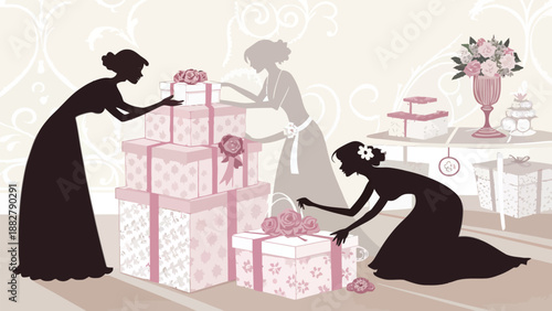 Silhouette of bridesmaids preparing wedding gifts wrapping and decorating presents in a elegant room