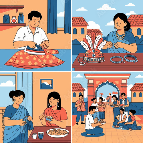 Indian Family Life: Domestic Chores, Crafting, and Celebration