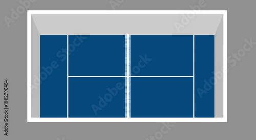 Overhead view of a blue tennis court with white lines on a gray background.