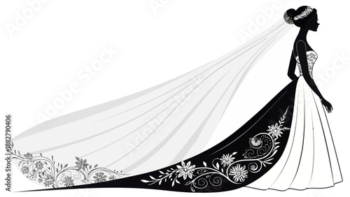 Elegant black silhouette of a bride in a wedding dress with a long veil and floral details on a white background